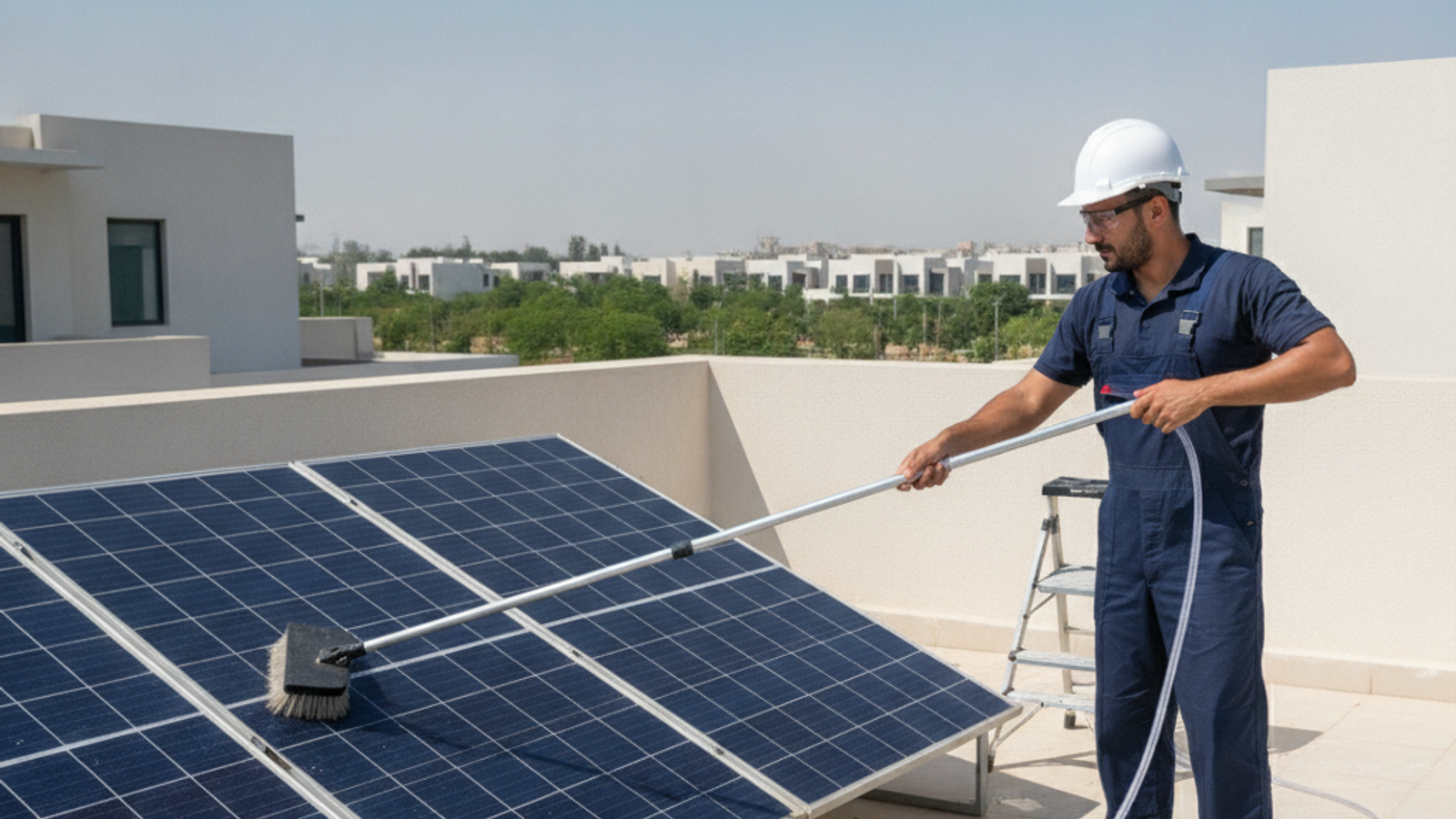 technician cleaning residential solar panels on a Dubai villa rooftop