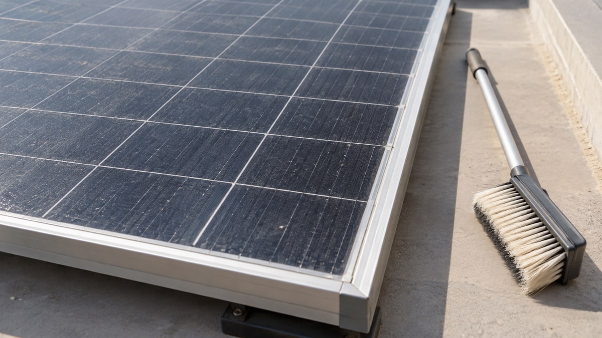Dust on a rooftop solar panel beside a cleaning brush