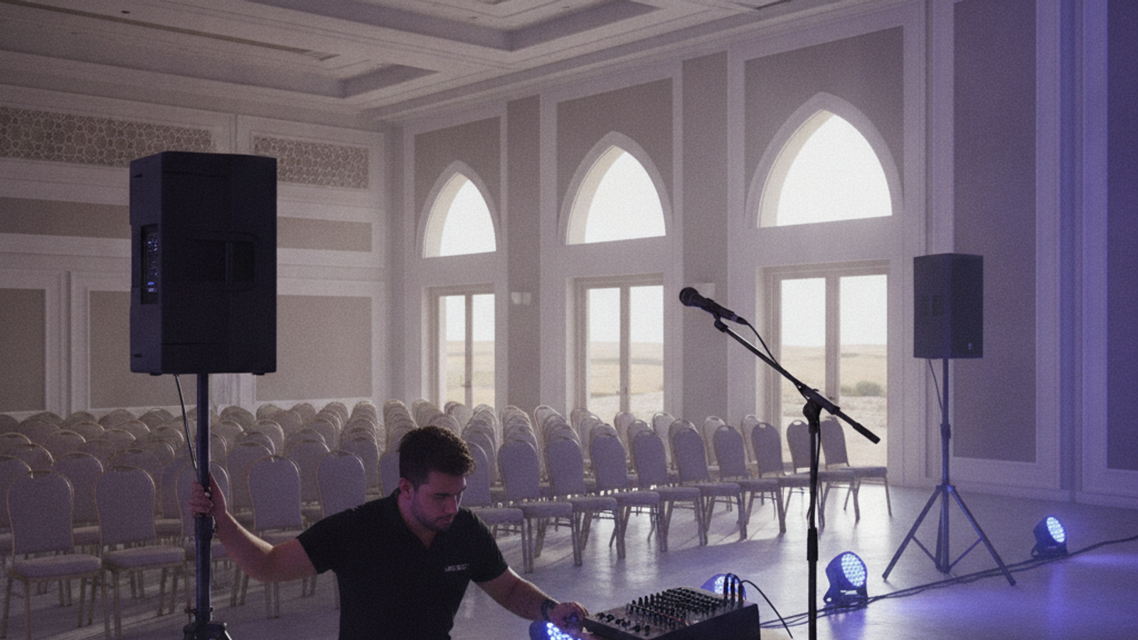 technician setting up speakers and event lighting in Dubai