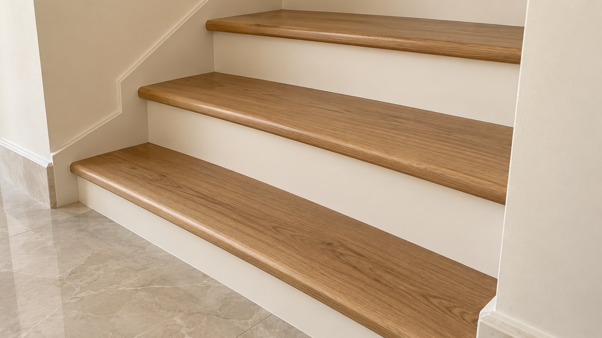 Close view of timber stair nosings meeting neatly finished light-coloured risers