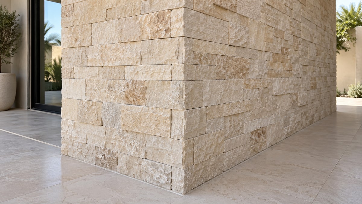 Close view of limestone cladding around an outside wall corner