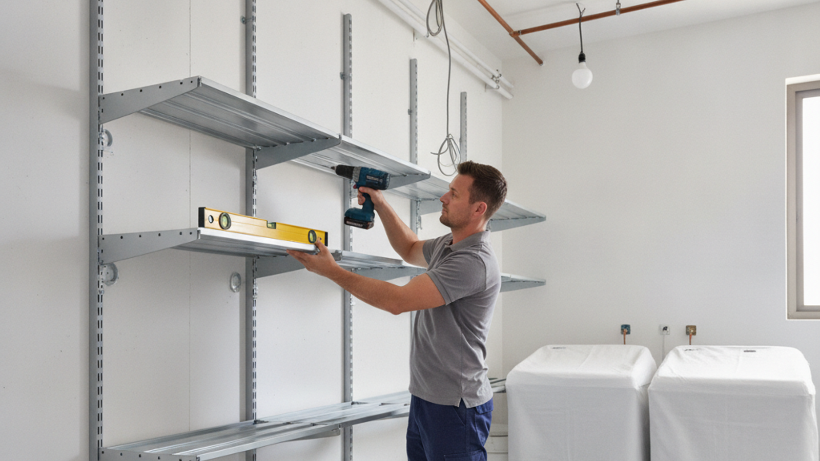 installer fitting wall mounted storage shelves in a Dubai apartment utility room