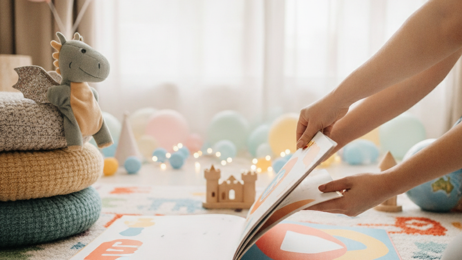 storyteller arranging books and props for a Dubai kids party session