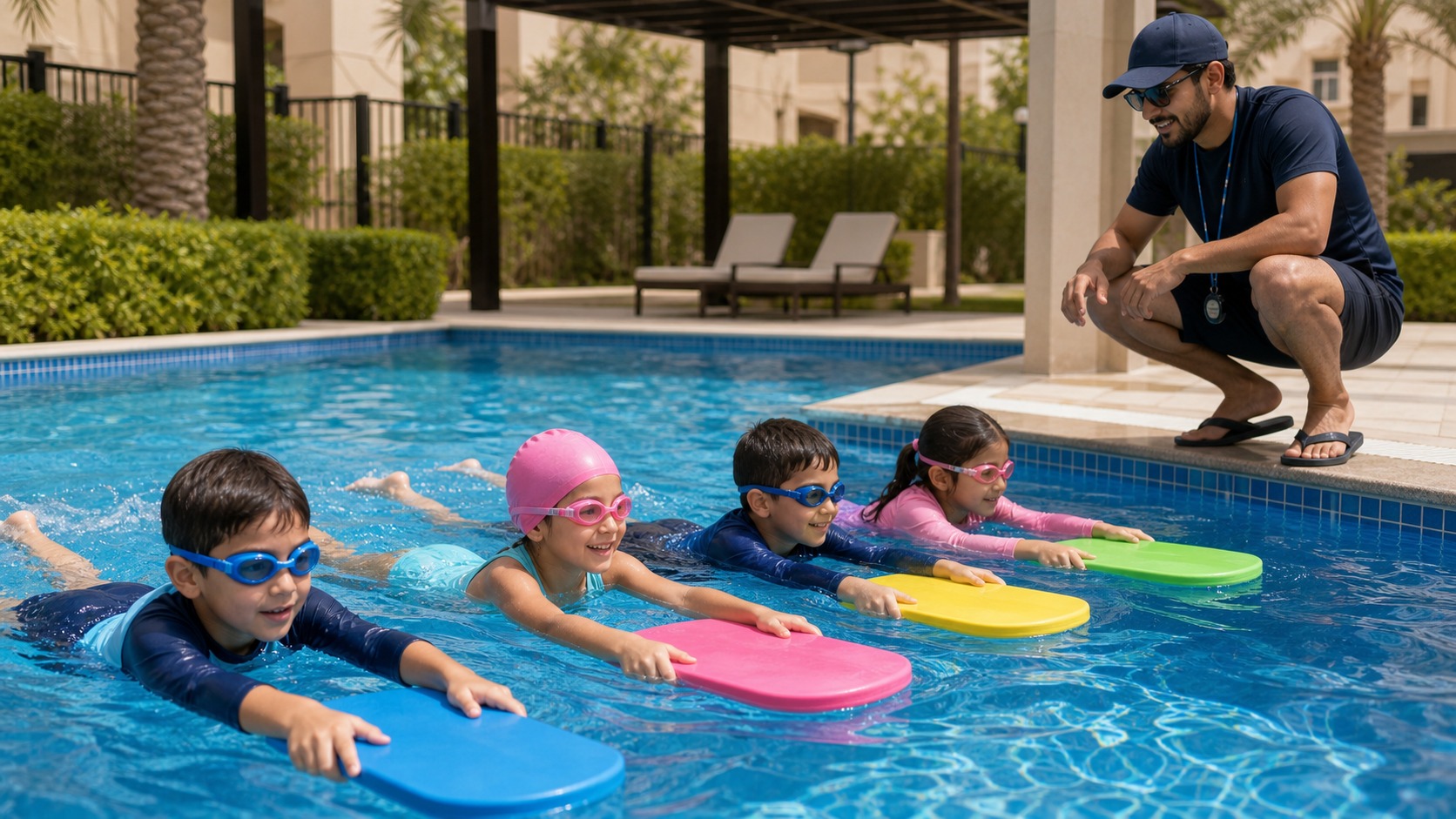 Kids swimming lessons in Dubai at a shaded community pool with a coach and kickboards