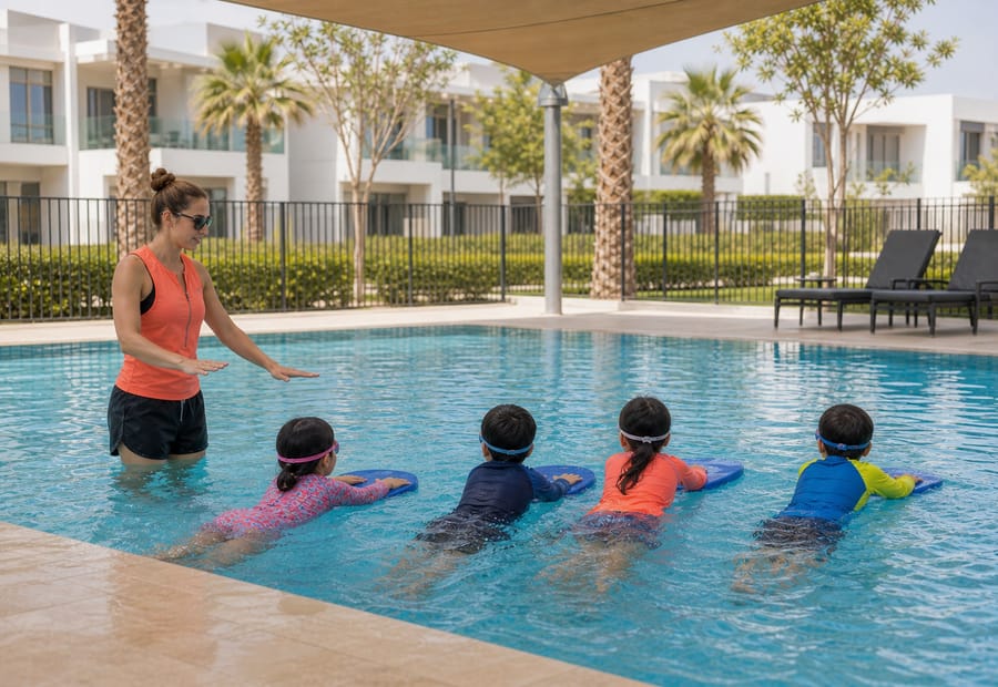 Kids swimming lessons in Dubai at a shaded community pool with a coach and kickboards
