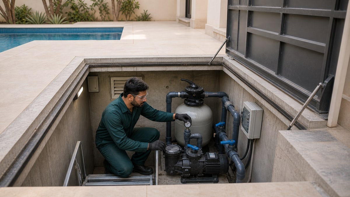 Pool technician checking a pressure gauge inside a protected Dubai villa plant room