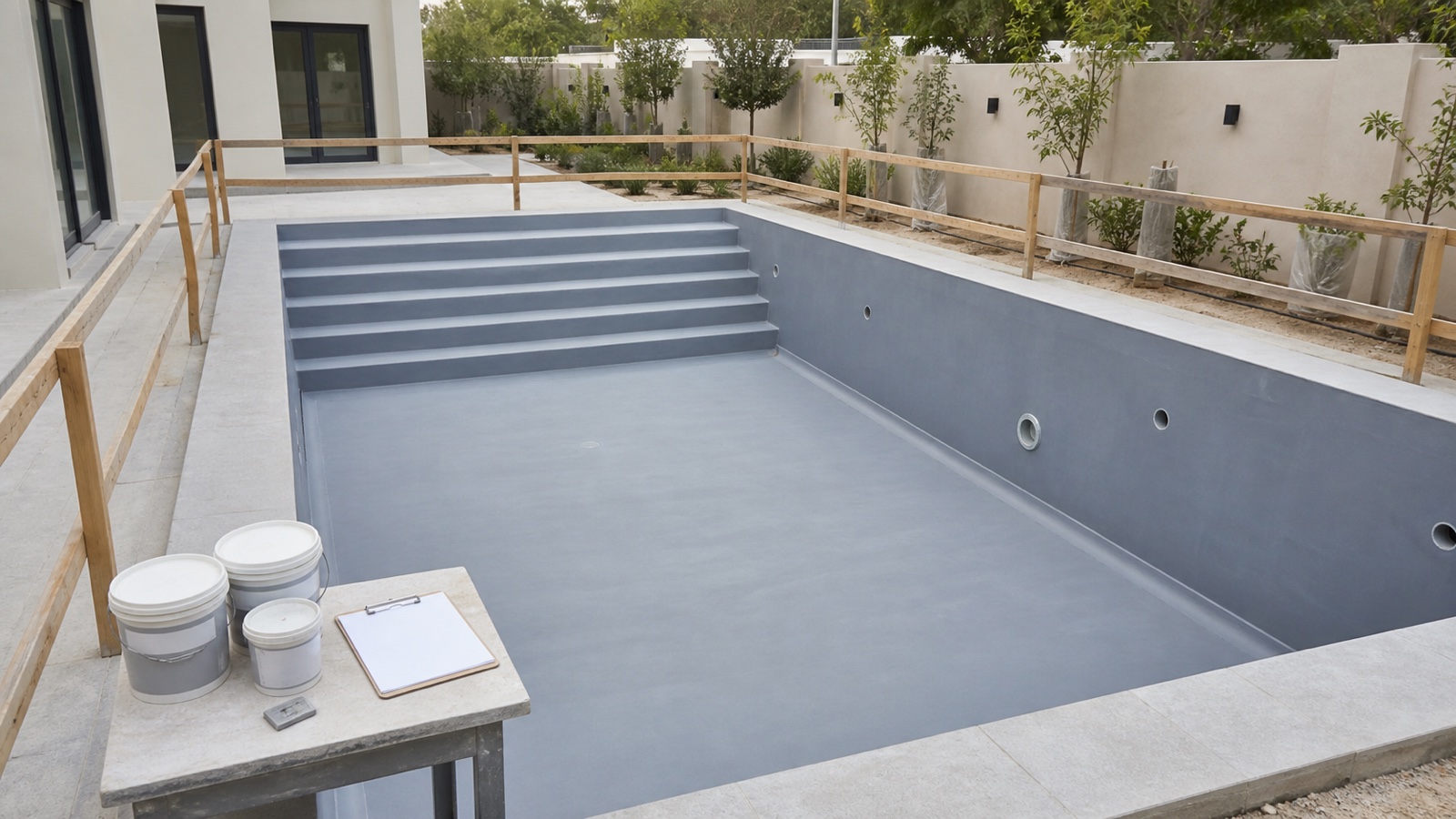 Waterproofed concrete pool shell with full-width entry steps in a Dubai villa garden