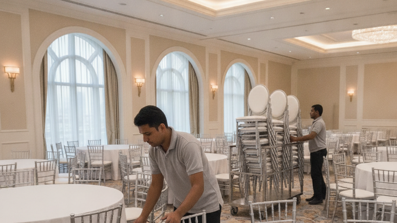 event rental team arranging tables and chairs in Dubai venue