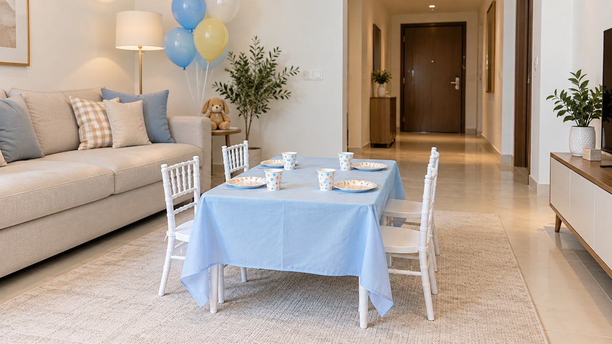 Small white child-sized rental chairs around a low table in a home party space