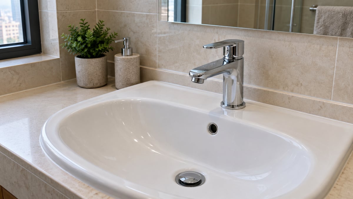 Chrome single-lever basin mixer installed through a white ceramic washbasin
