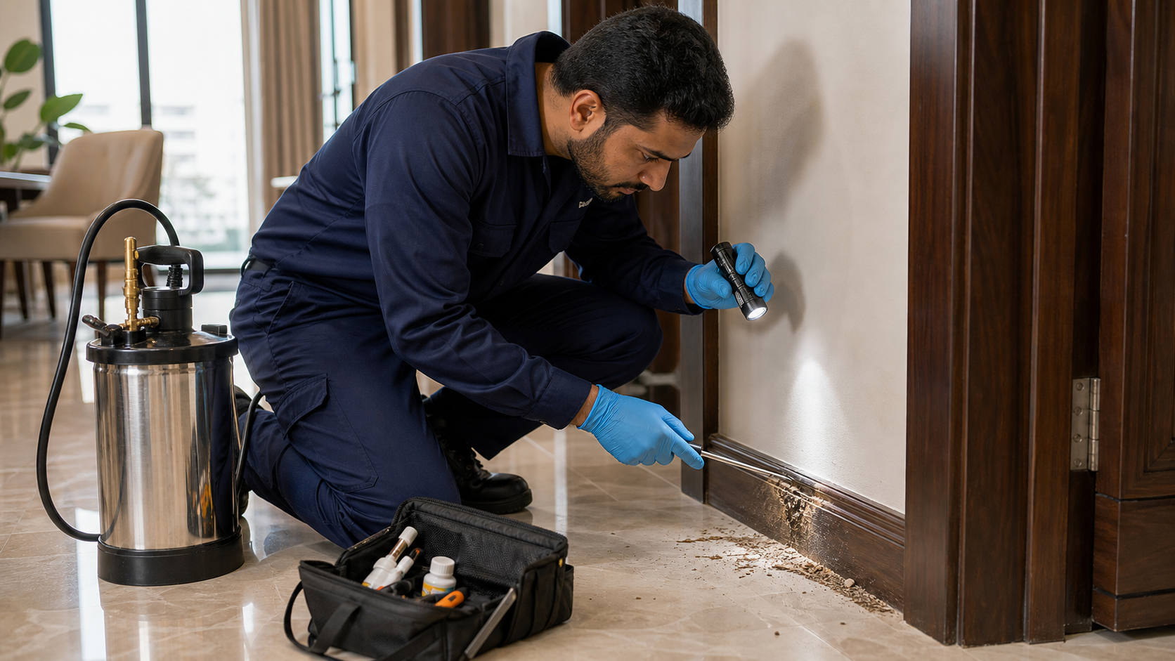 pest control technician inspecting possible termite damage near wooden skirting in a Dubai villa