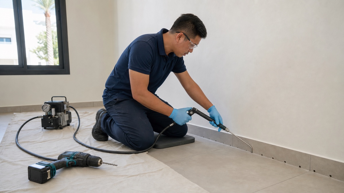 Technician injecting liquid termiticide through drilled points along a Dubai villa floor-wall joint