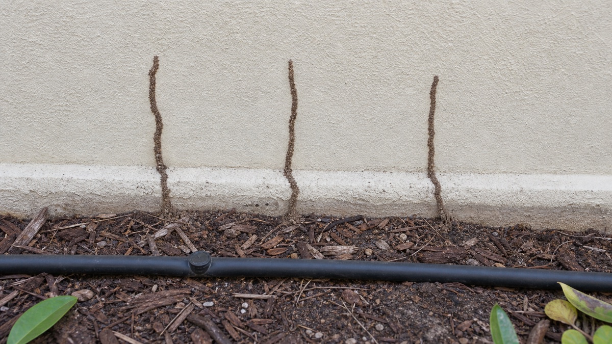 Pencil-width termite mud tubes rising from garden soil onto the base of a Dubai villa wall