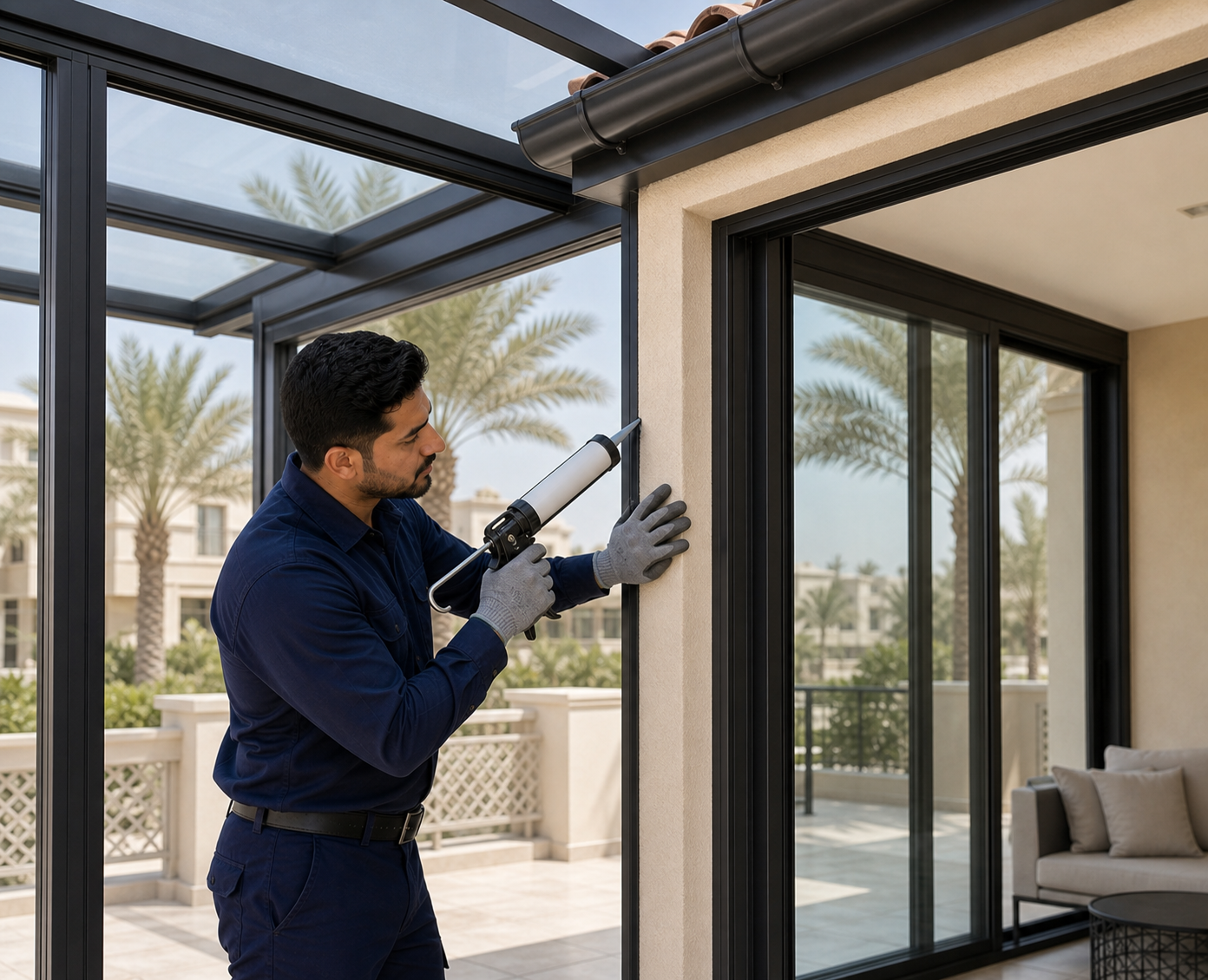 male installer applying silicone weather seal to the aluminium frame of a finished Dubai glass room