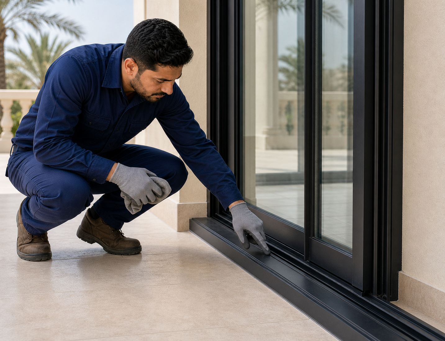 male installer checking the sliding glass door track and weather seal of a Dubai terrace enclosure
