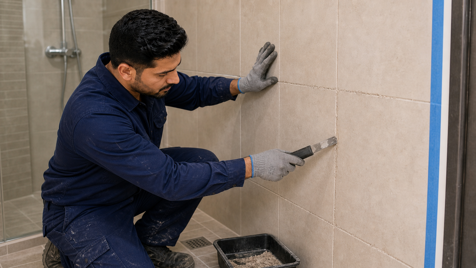 male technician cleaning old grout lines with a hand tool in a Dubai bathroom