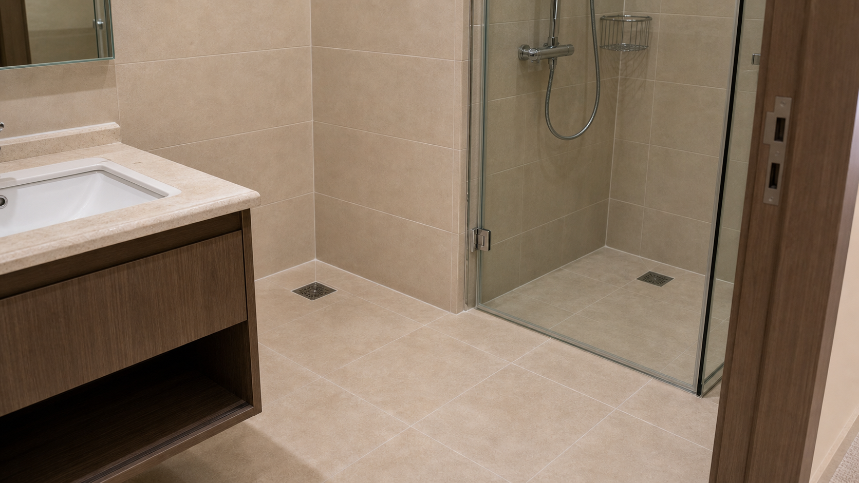 finished bathroom tile and grout repair with neat grout joints in Dubai
