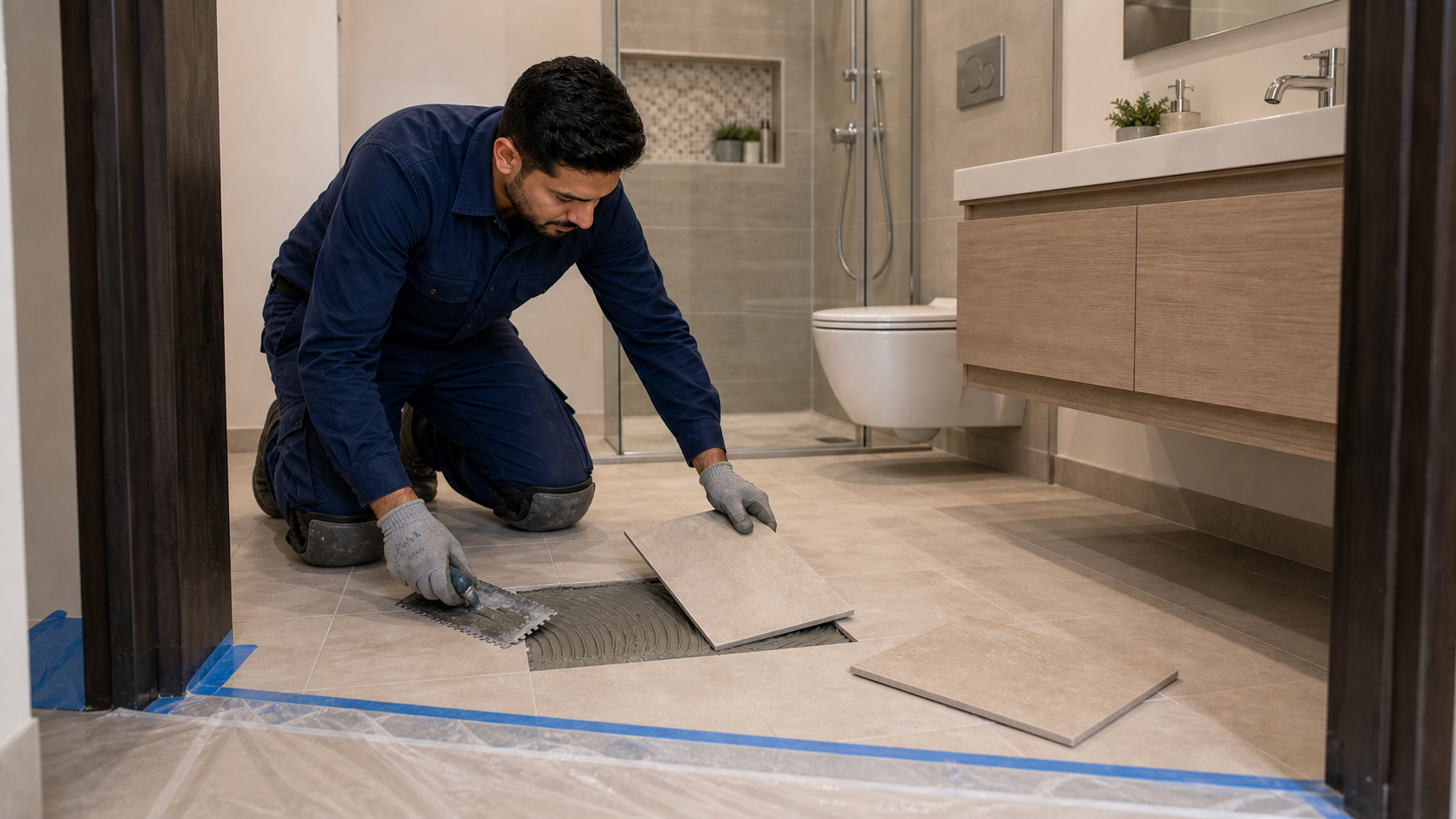 male tiler replacing a loose bathroom tile in a Dubai apartment
