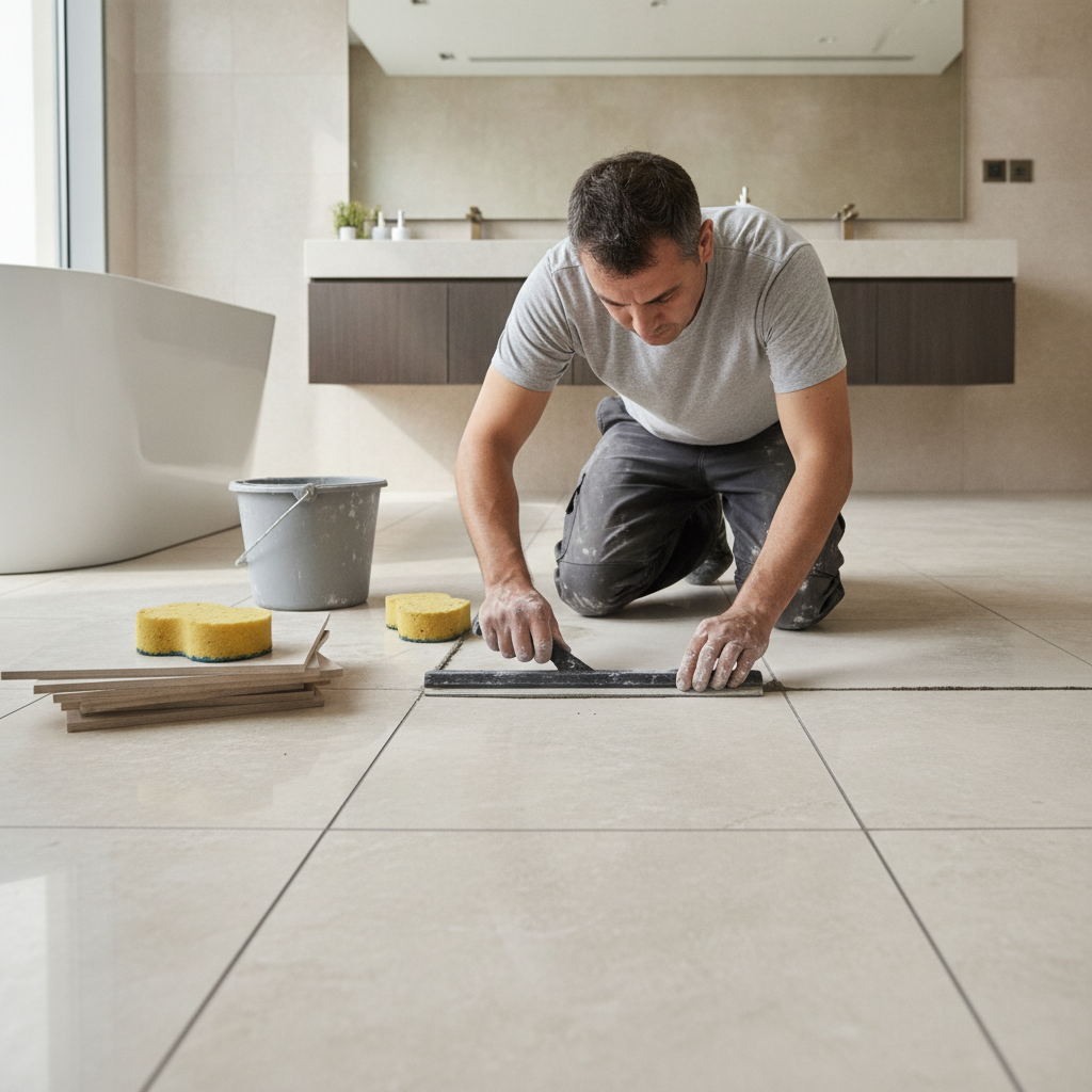 tiler repairing grout between floor tiles in a Dubai apartment