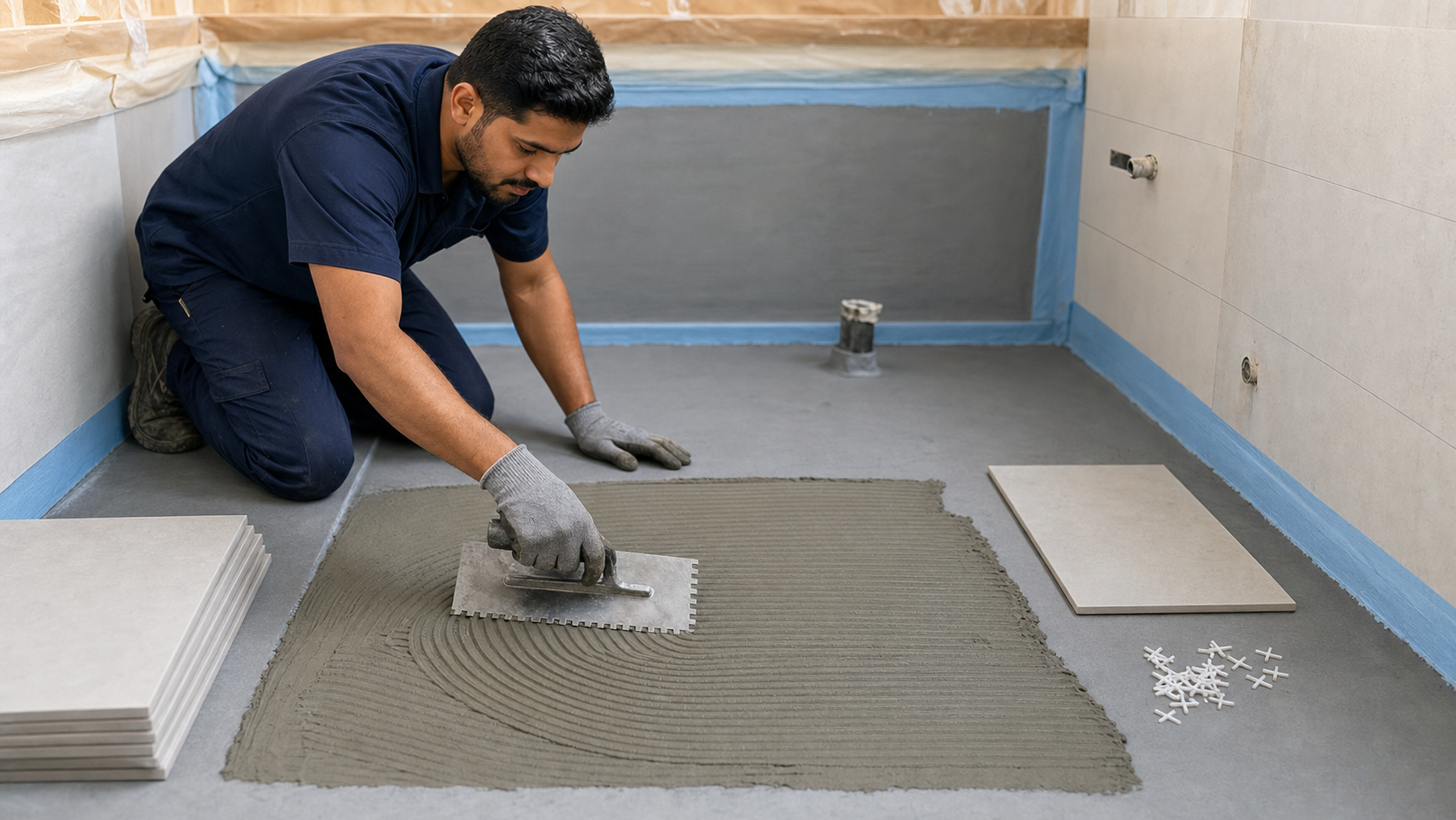 male tiler applying adhesive over prepared bathroom waterproofing before tile installation in Dubai
