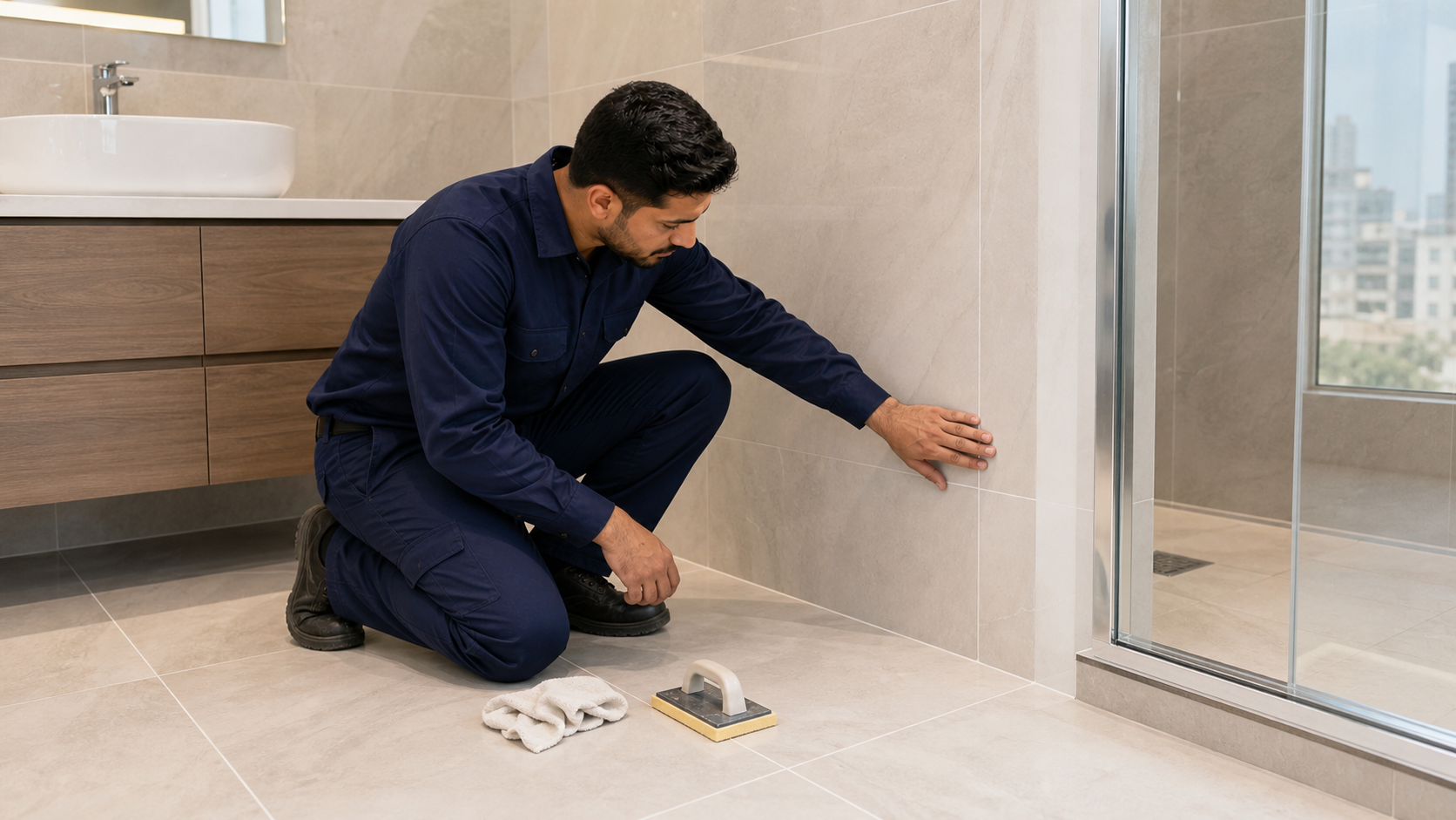 male tile supervisor inspecting finished grout alignment in a Dubai apartment bathroom