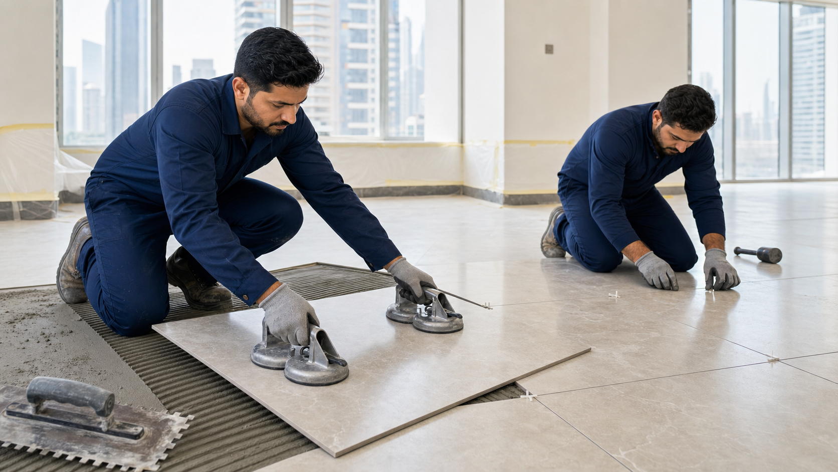 two male tile installers laying large format porcelain floor tiles in a Dubai apartment