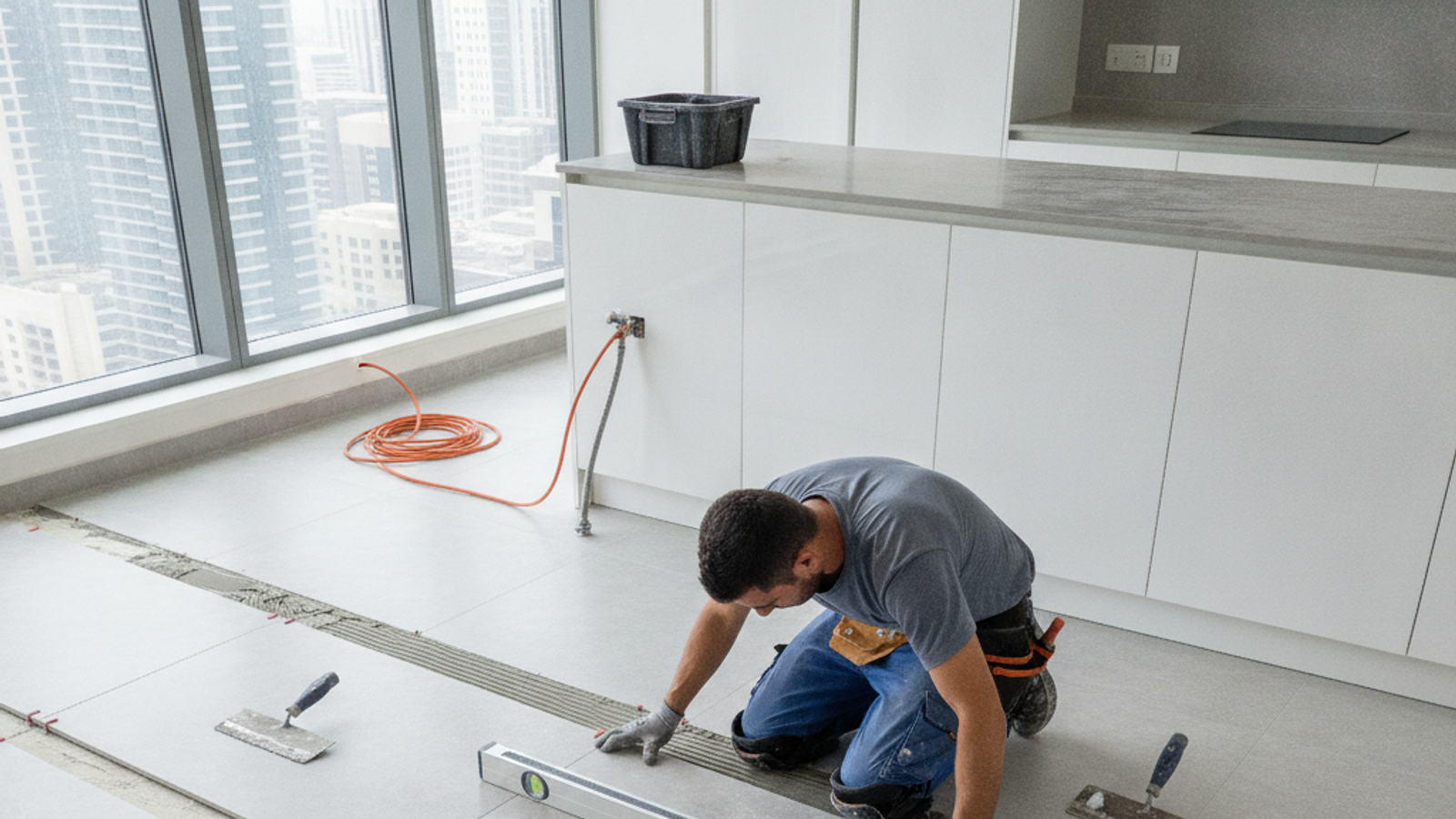 tiler setting floor tiles with spacers in a Dubai apartment