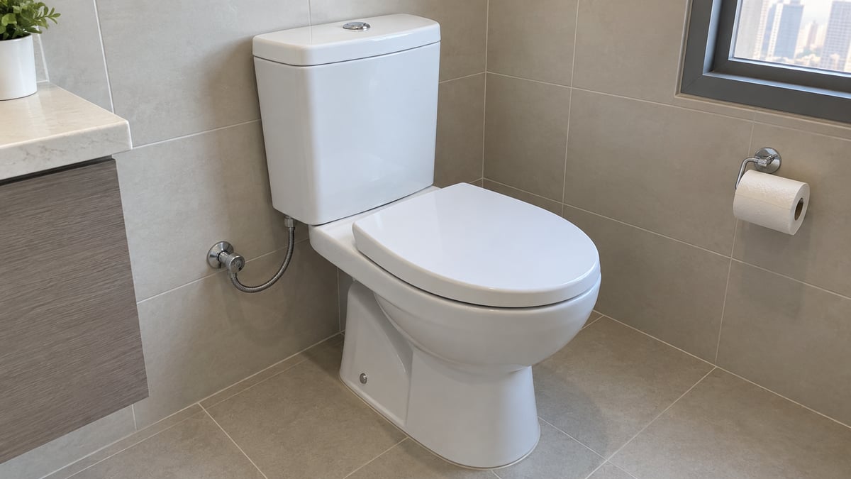 Close-coupled toilet with an exposed ceramic cistern and accessible supply valve