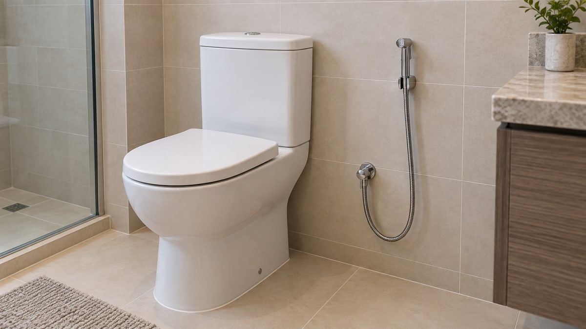 Floor-standing close-coupled toilet in a tiled bathroom