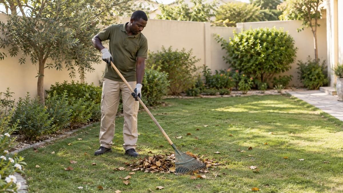 Gardener raking leaves on level ground beside a villa lawn