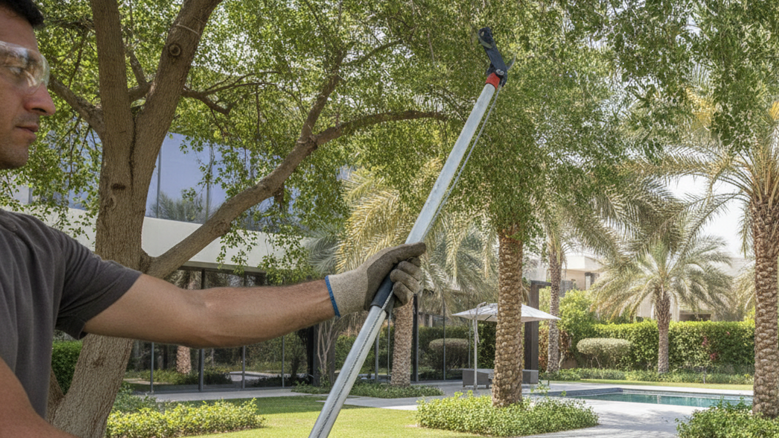 tree care worker pruning branches in a Dubai villa garden