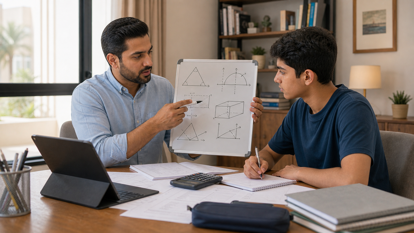 adult male tutor explaining exam preparation to a teenager in a Dubai villa study room
