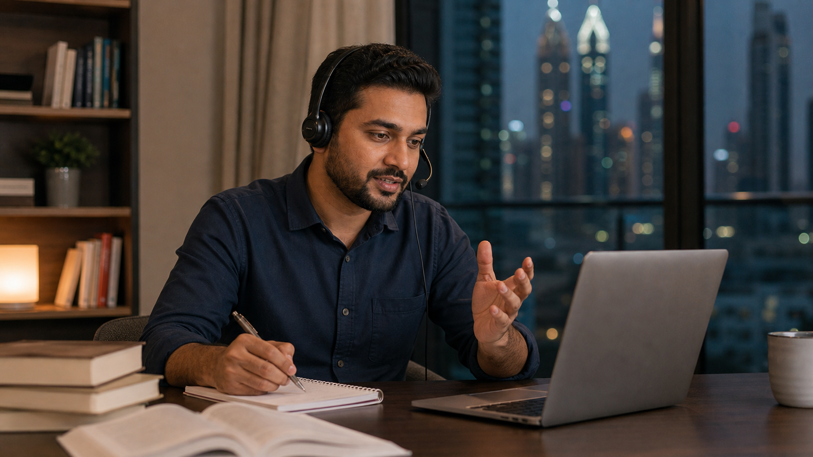 adult male tutor conducting an online language lesson from a Dubai apartment desk