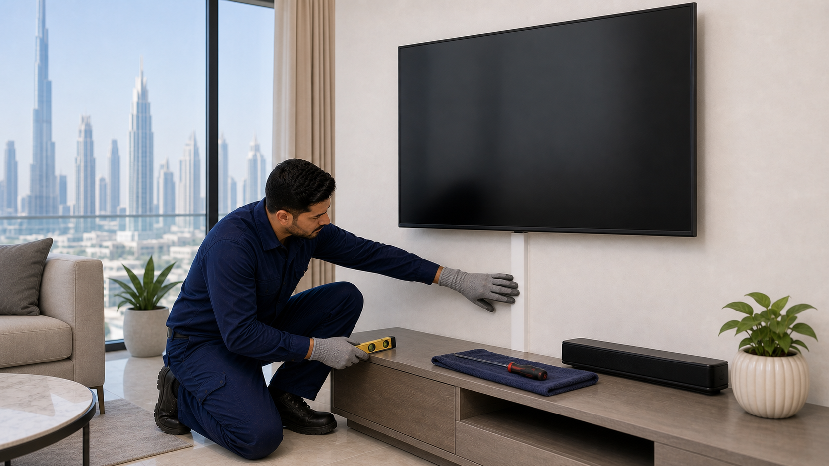 Handyman checking a finished single cable raceway under a mounted TV in Dubai