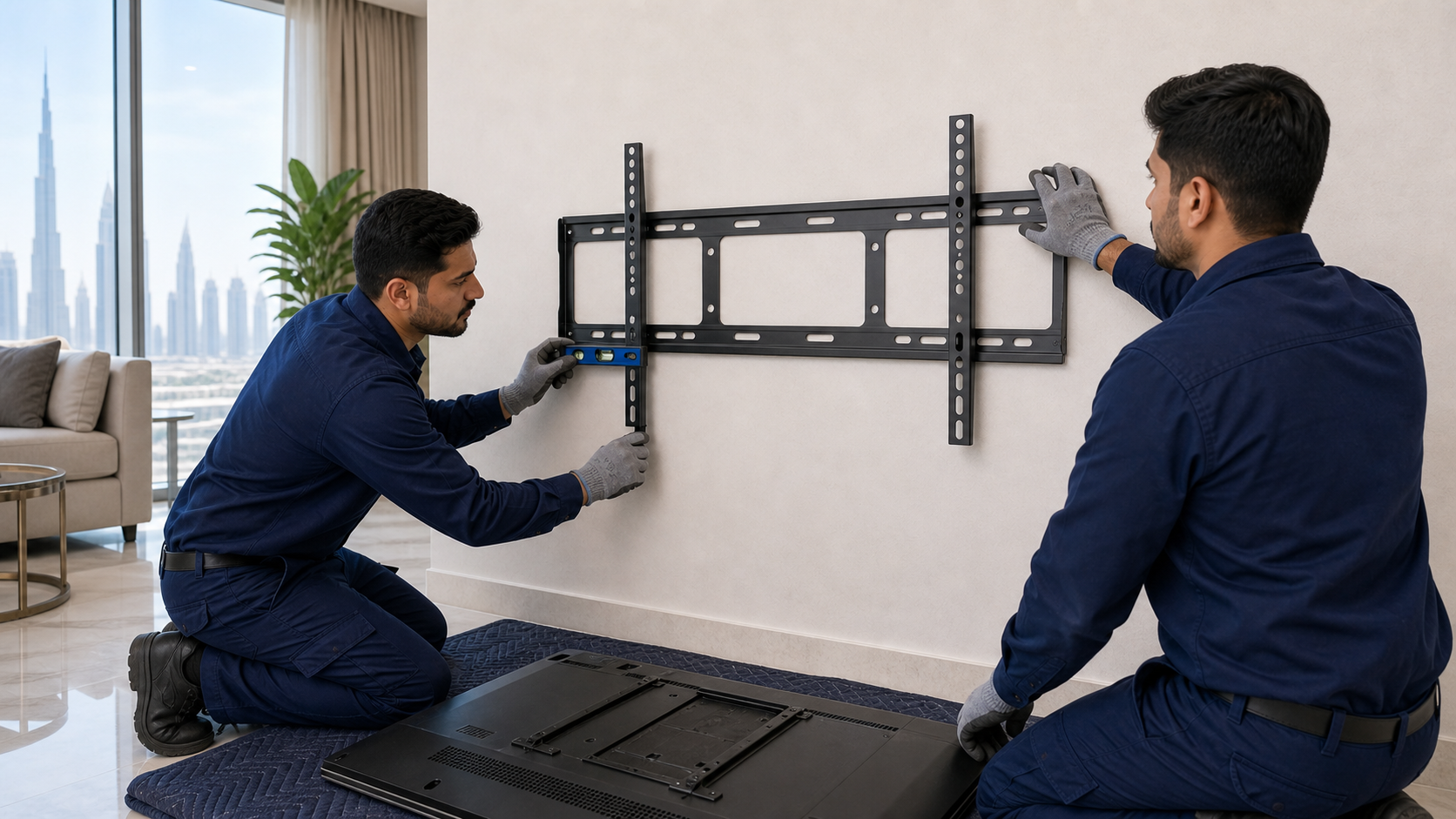 Technicians checking TV wall mount bracket anchors and level before lifting the TV in Dubai
