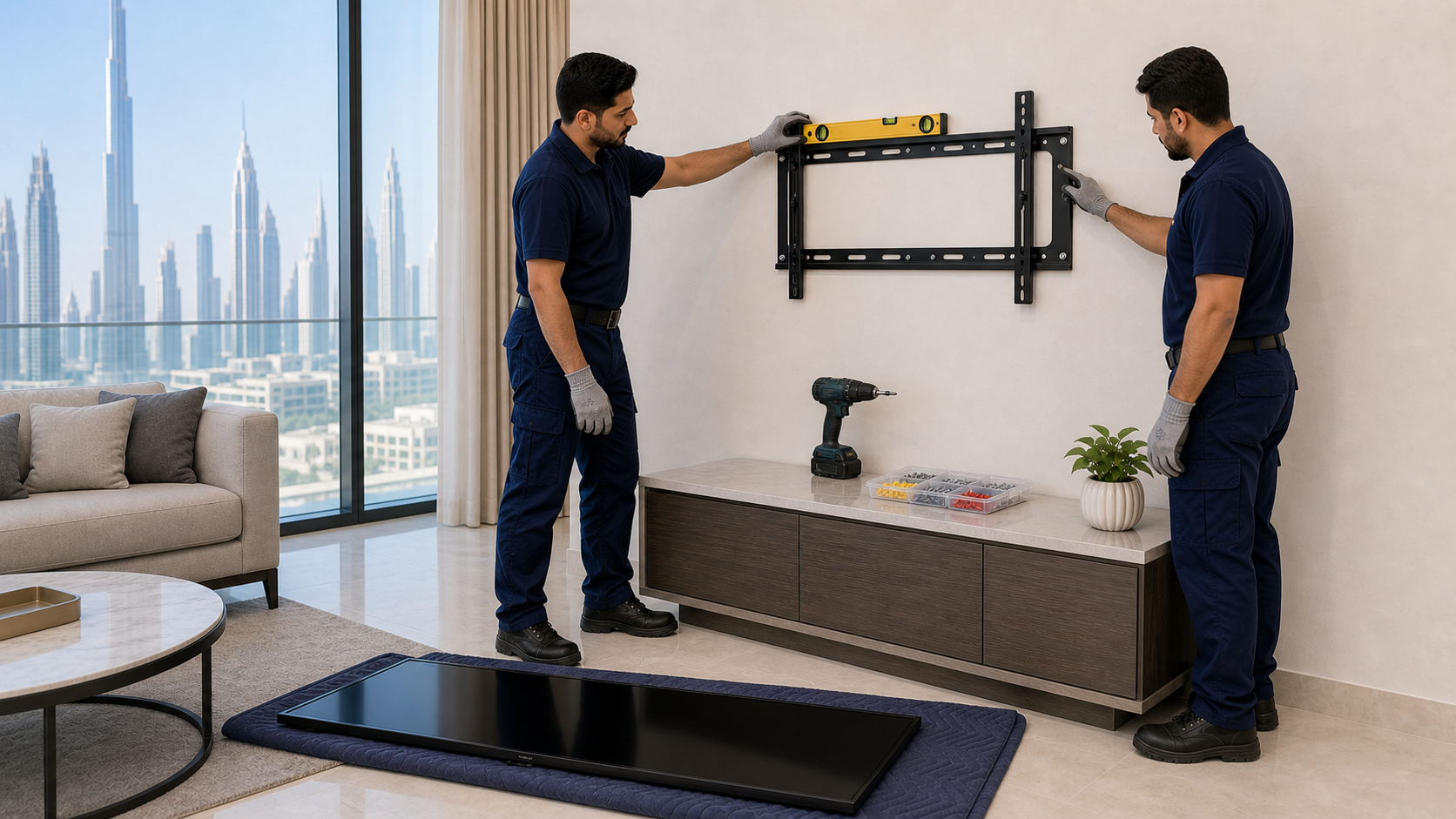 Technicians checking TV wall mount bracket anchors and level before lifting the TV in Dubai
