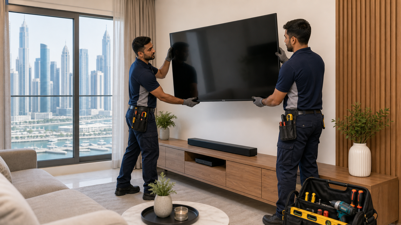 Two technicians holding a large TV during wall mounting in a Dubai apartment