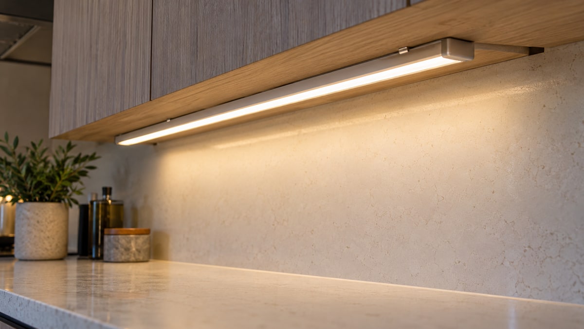 Slim diffused light channel fixed under a kitchen wall cabinet