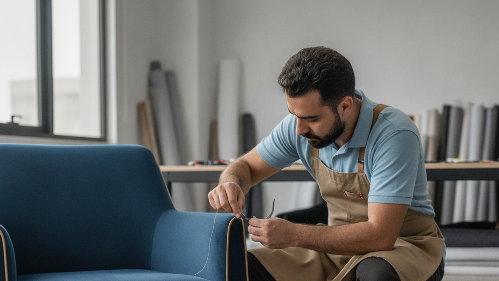 technician repairing upholstery stitching on a sofa in Dubai