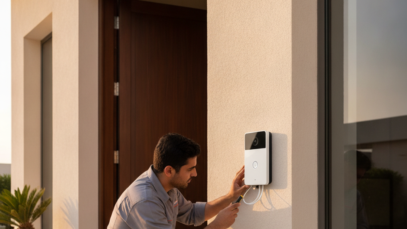 technician installing a video doorbell beside a Dubai villa entrance