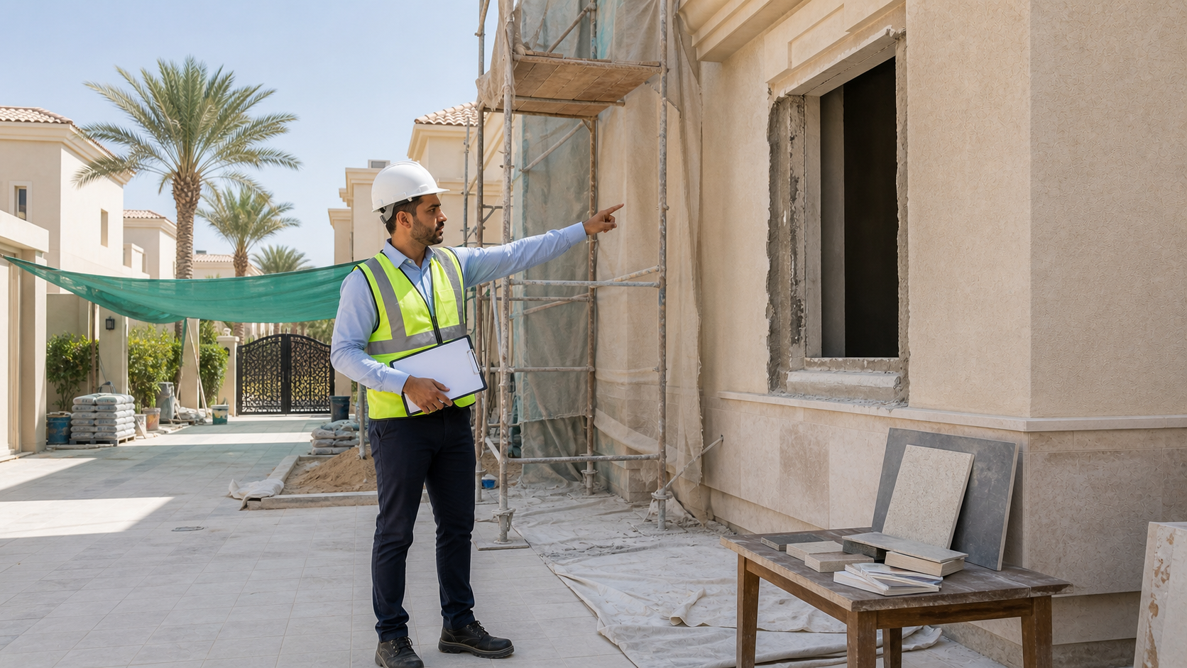 male site engineer inspecting exterior facade work during a Dubai villa renovation
