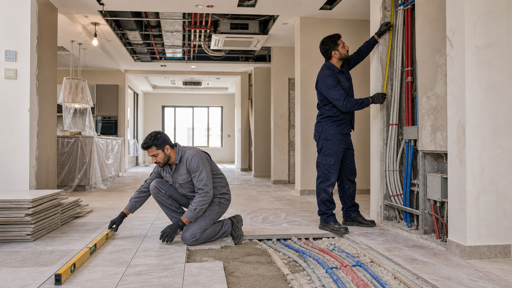 male renovation workers coordinating flooring MEP and AC work inside a Dubai villa
