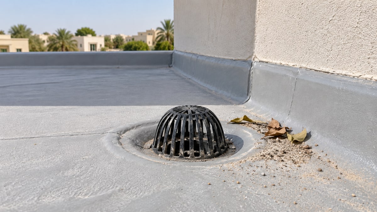 Domed leaf strainer in a recessed villa roof drain with a small accumulation of leaves and sand