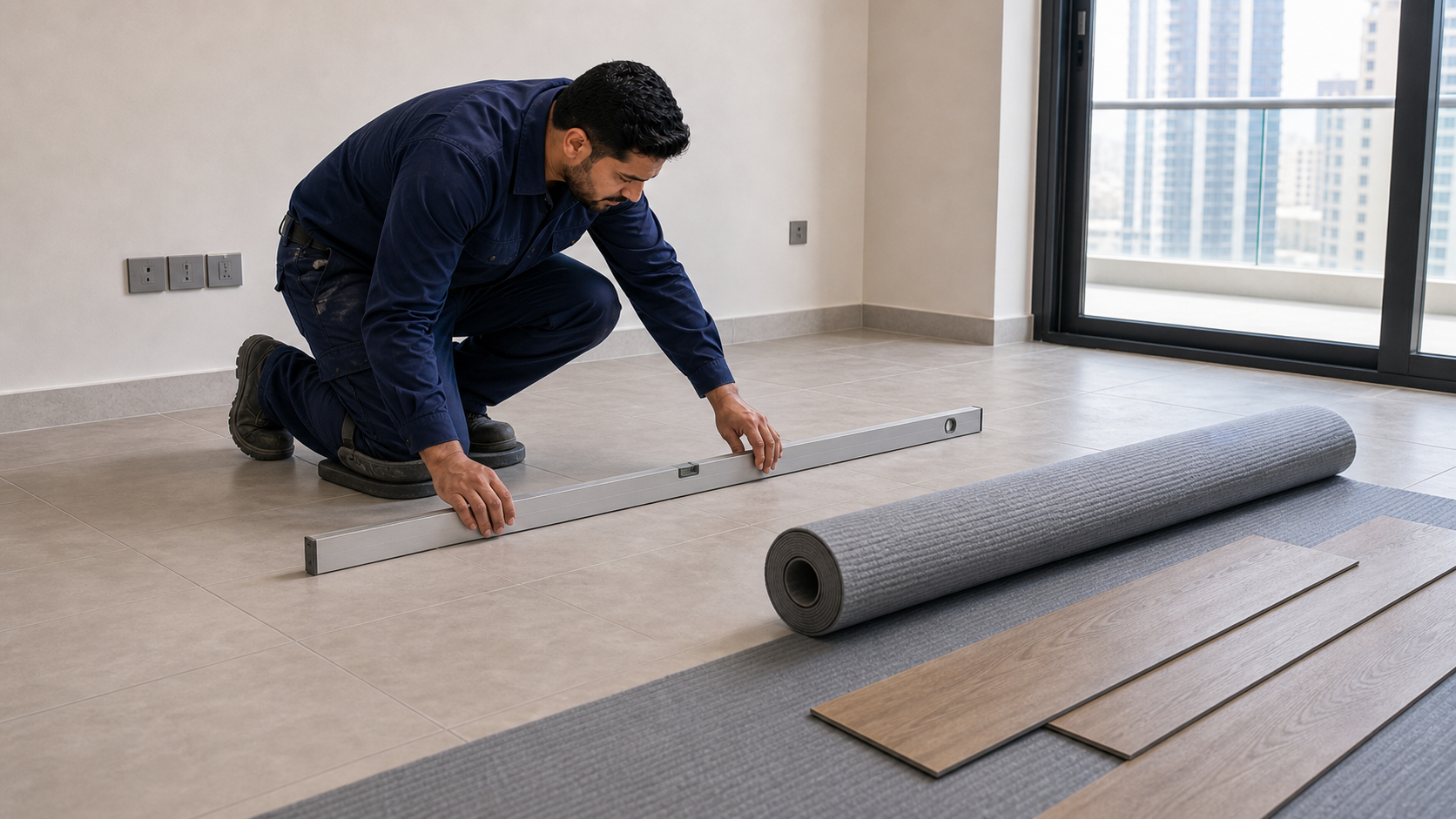 male technician checking subfloor level before vinyl flooring installation in Dubai