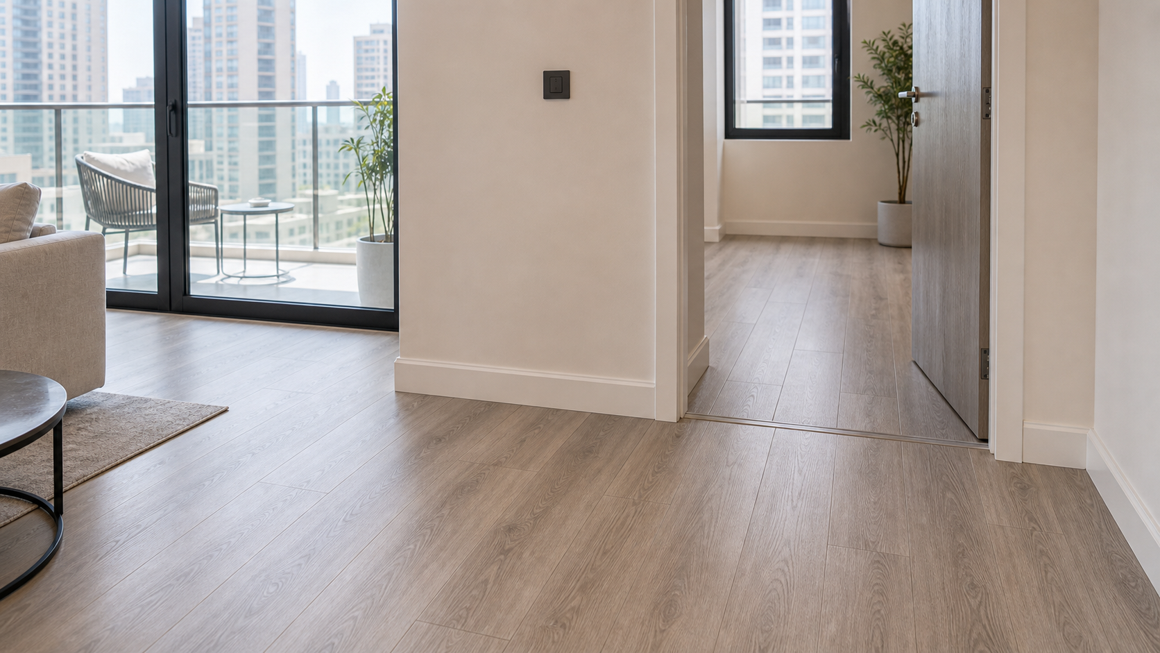 finished vinyl plank flooring with clean skirting in a Dubai apartment