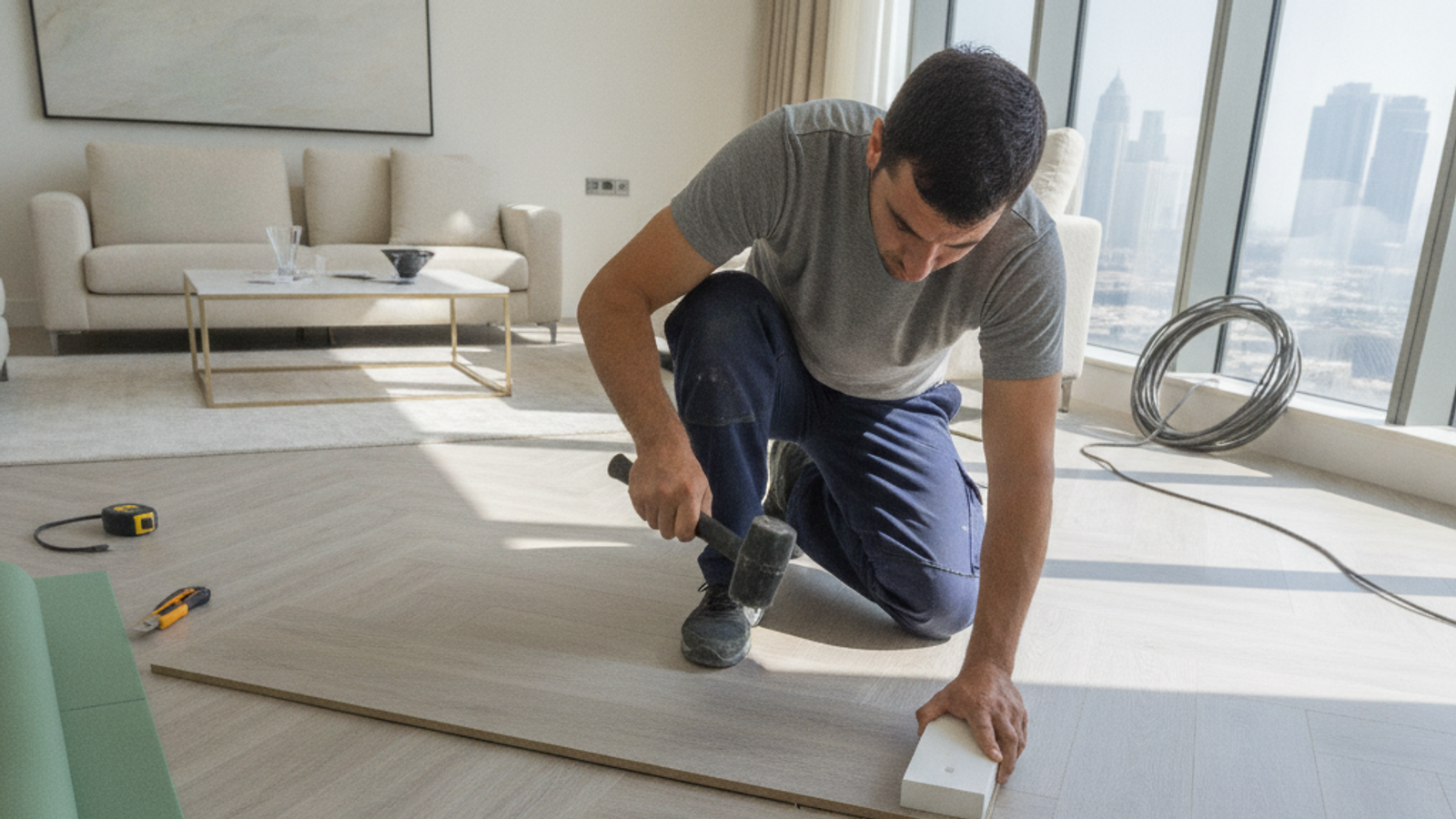 installer clicking vinyl planks into place in a Dubai apartment