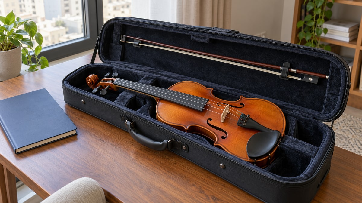Student violin resting in its fitted case with the bow secured in the lid