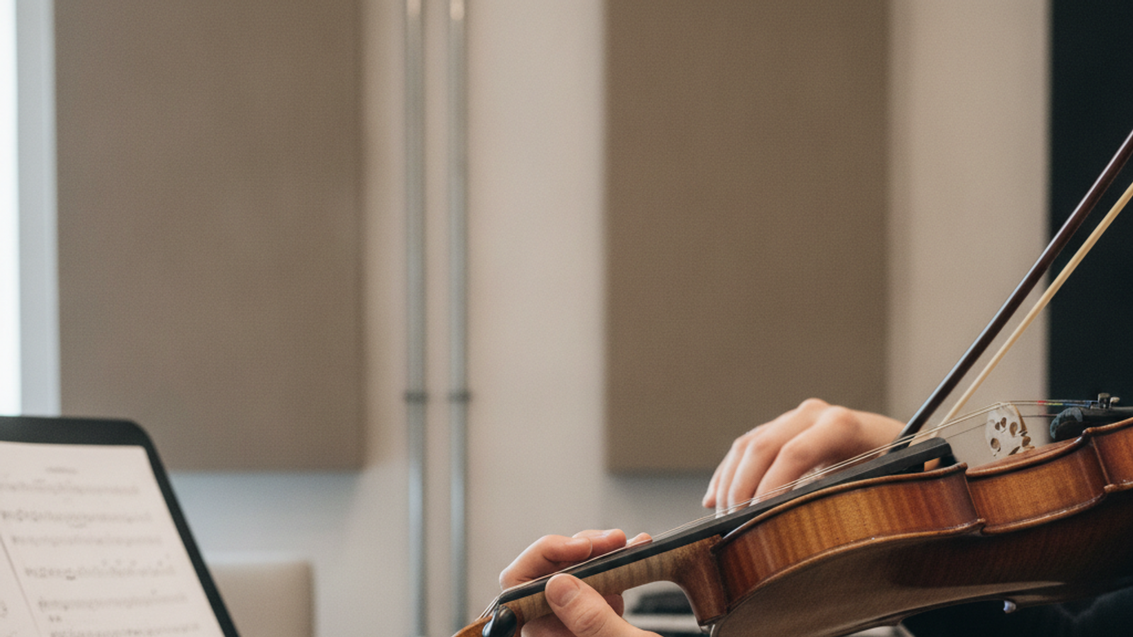 violin teacher demonstrating bow hold for a Dubai lesson