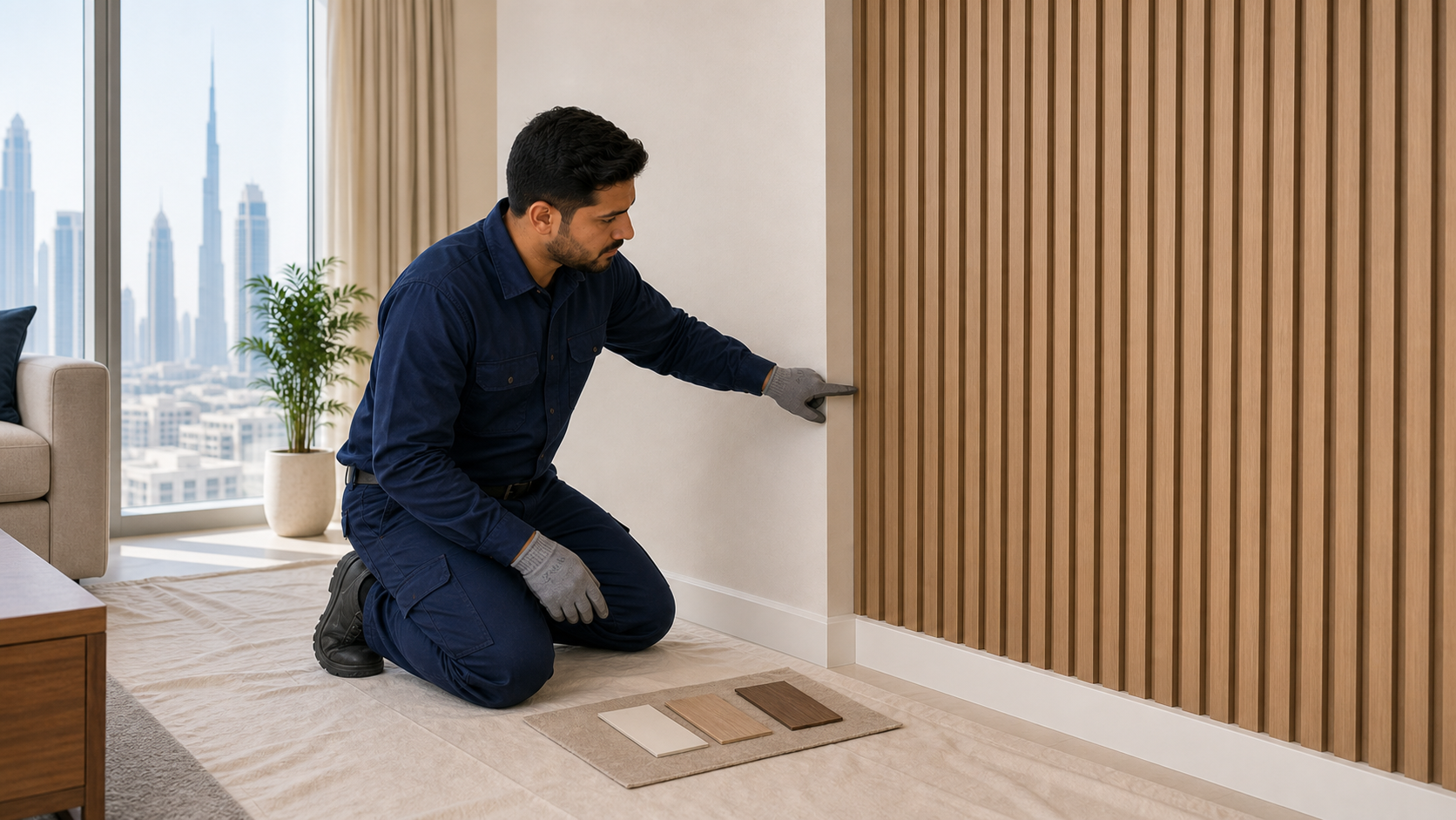 male carpenter checking wall paneling material samples and clean corner finish in Dubai