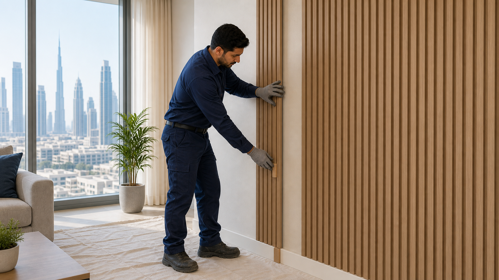 male installer fixing vertical wall paneling in a Dubai apartment